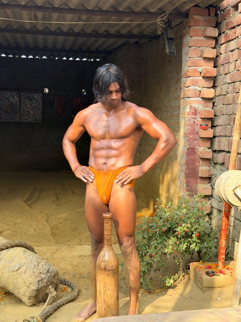 Raja Yadav in an akhada with a mudgar
